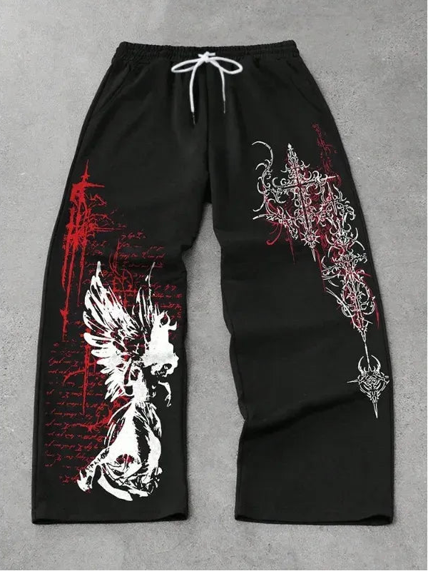 Black pants with red and white graphic designs on a gray background
