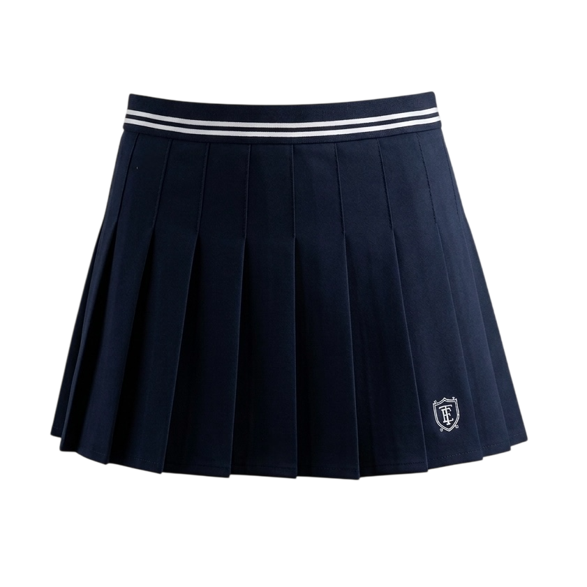 Navy pleated skirt with a white stripe on a white background