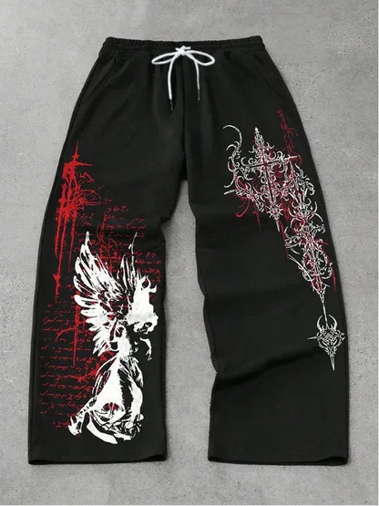 Black pants with red and white graphic designs on a gray background