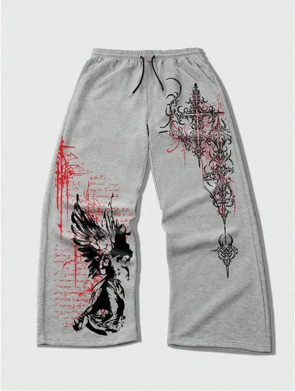 Gray sweatpants with black and red designs on a white background