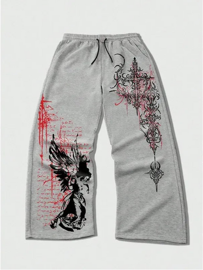 Gray sweatpants with black and red designs on a white background